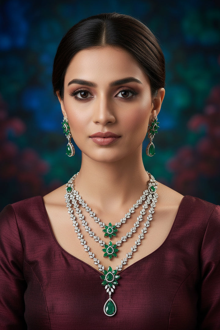 Mahnoor Diamond Necklace Set- Green