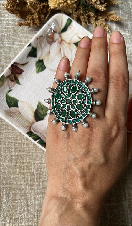 Dual Tone Sliver Replica Jumbo Ring- emerald