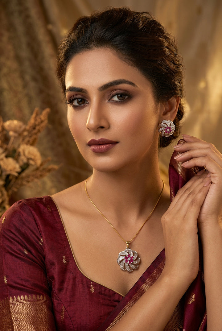 Mansi dual-tone ruby-pink and white American Diamond pendant set