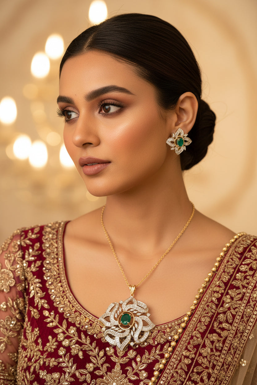 Kalpana Diamond Pendant Set - Green