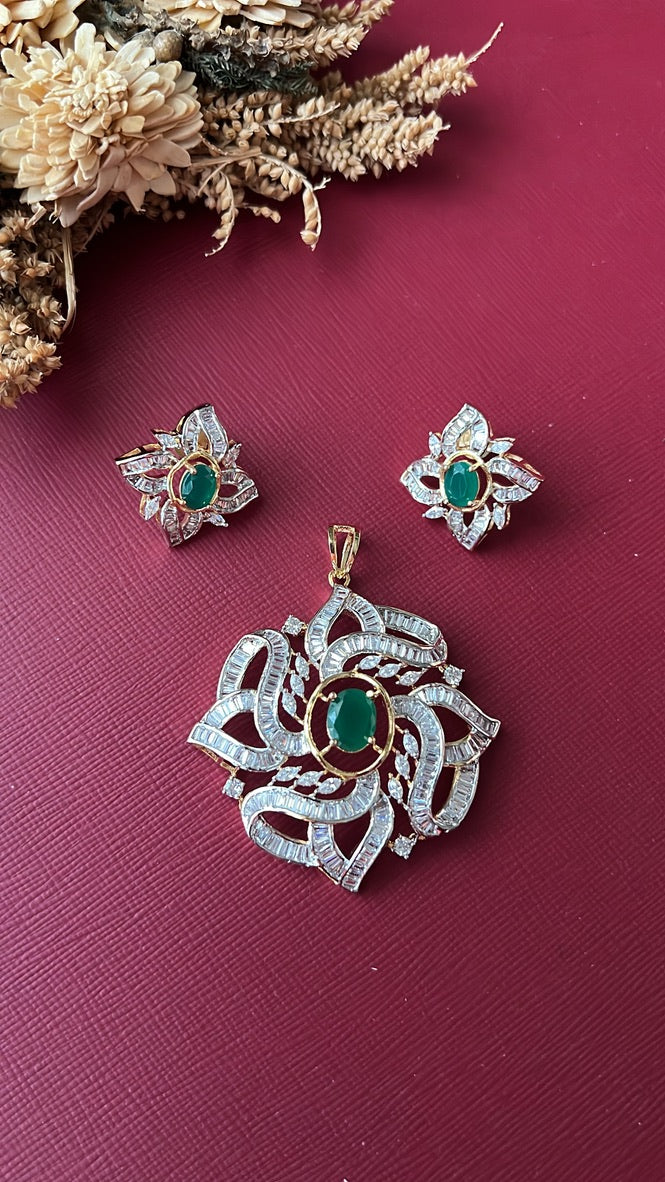 Kalpana Diamond Pendant Set - Green