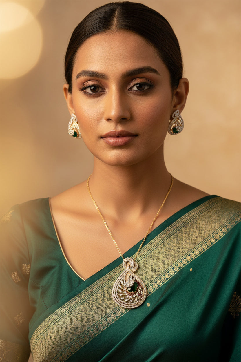 Urvi Diamond Pendant Set  - Green