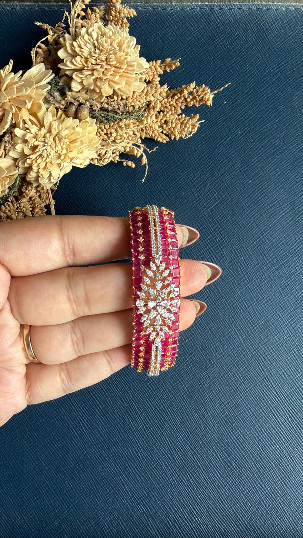Lekha ruby red AD bracelet for women by Hema Collections, gold-toned brass alloy