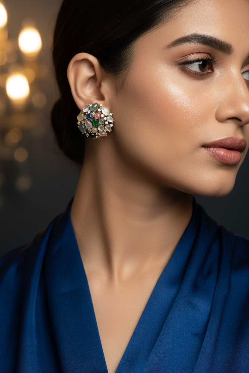 Multicolour doublet stone stud earrings with gold-tone finish