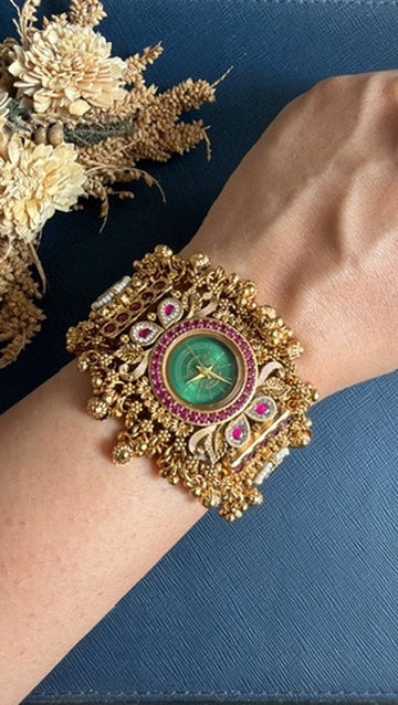 Ethnic Kundan watch bracelet in matt gold micro polish finish