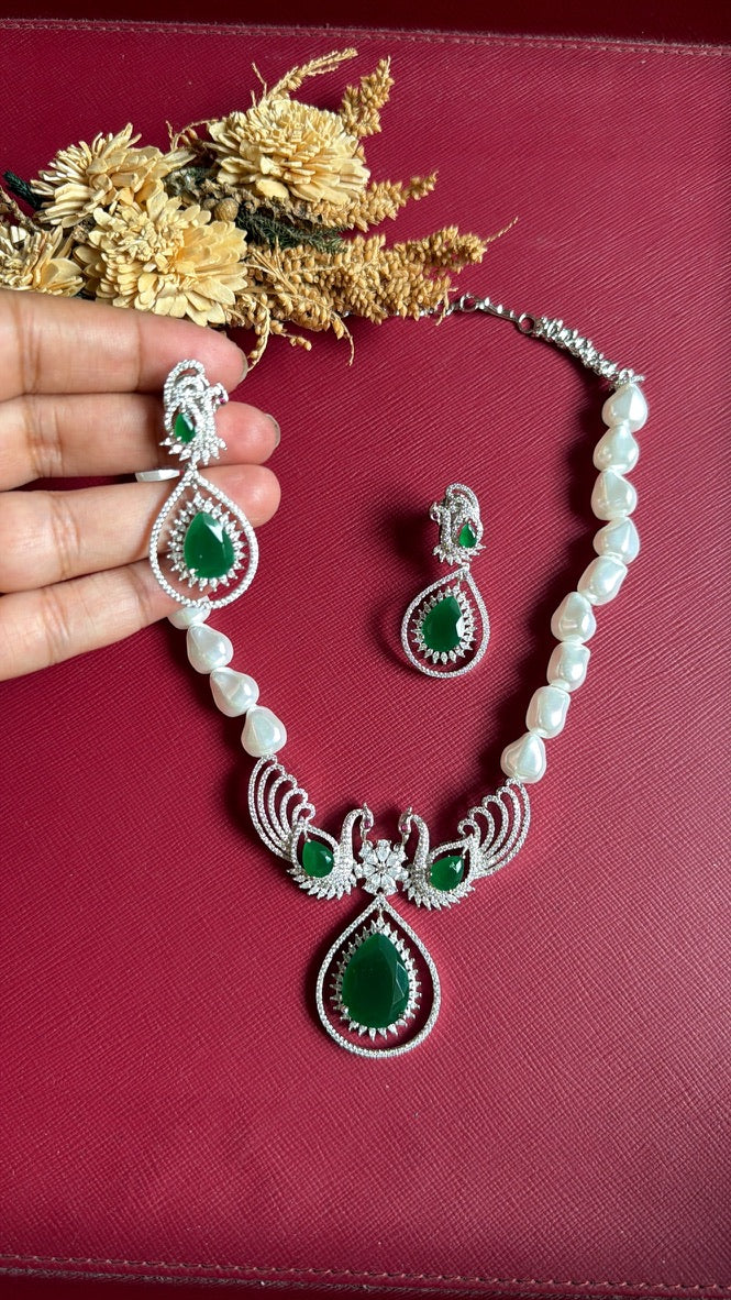 Green pearl and American Diamond necklace set, silver-tone finish, with matching push-back earrings