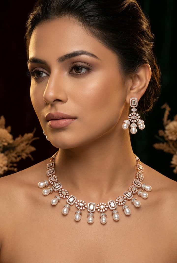 Tanirika American Diamond and pearl-look necklace set with earrings