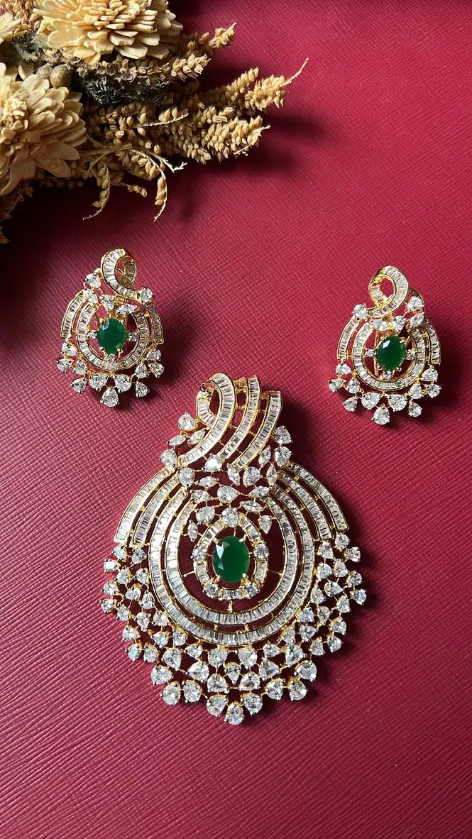 Ishaana Big Diamond Pendant Set - Green
