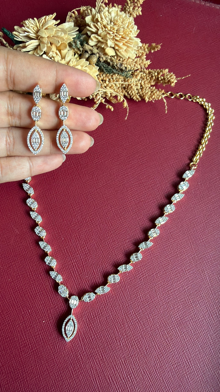Gianna dual-tone American Diamond necklace with baguette motifs and marquise drop