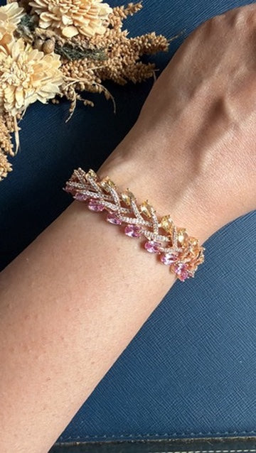 Baby pink and yellow cushion-cut stone bracelet with AAA CZ in a gold-tone finish