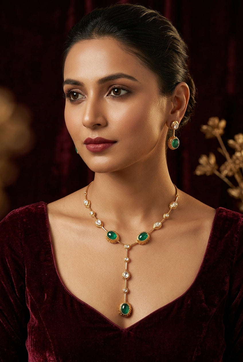 Abeer emerald-green and white Kundan Y-necklace set
