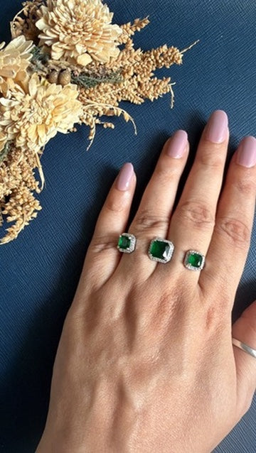 Emerald green CZ ring in silver-tone rhodium finish