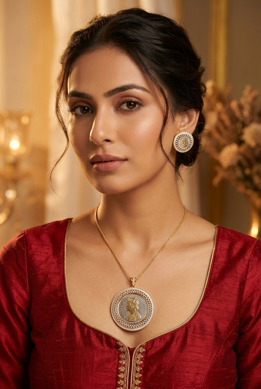 Ginni dual-tone coin pendant set with American Diamond border and matching studs