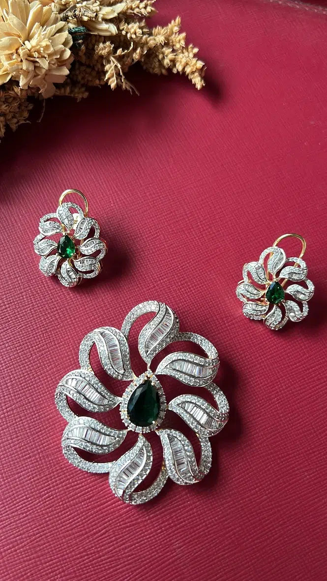 Gold-tone green American Diamond pendant set from Hema Collections