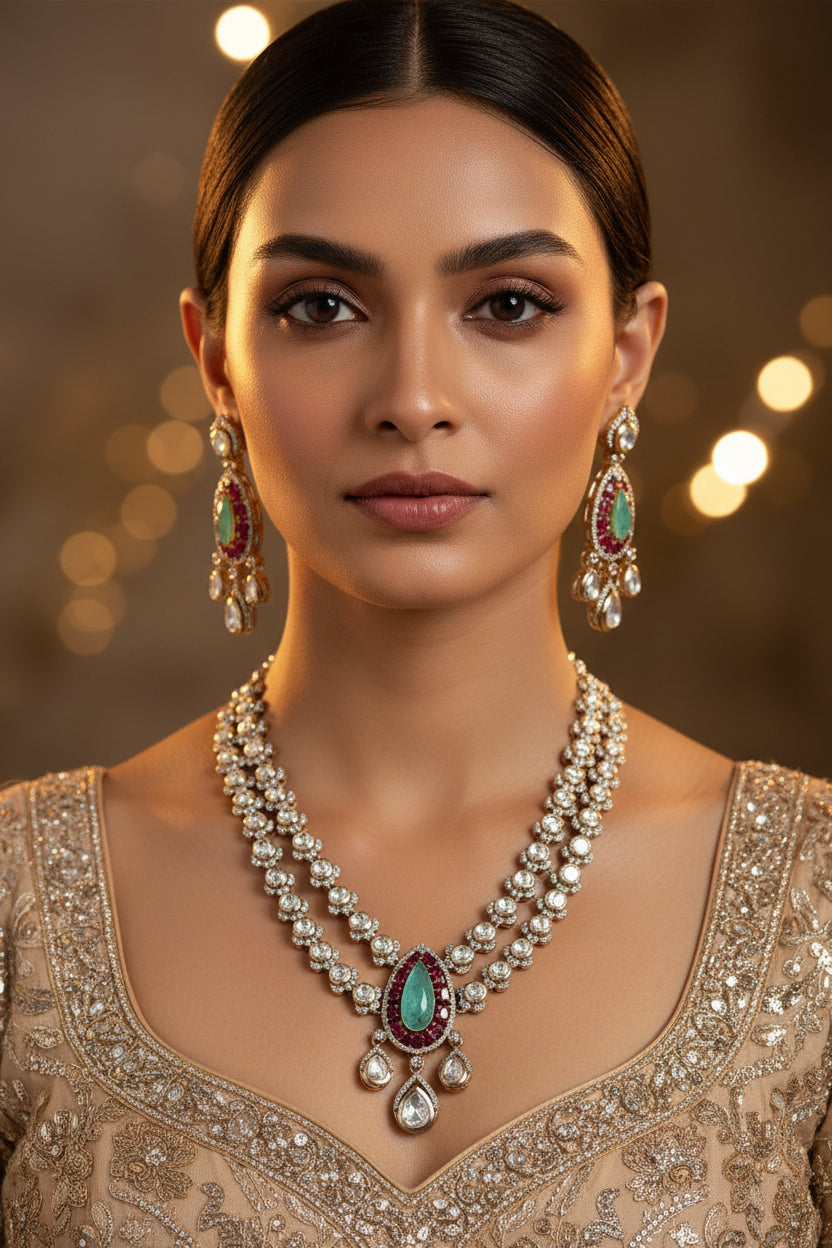 Green Kundan necklace set with gold-tone finish for weddings