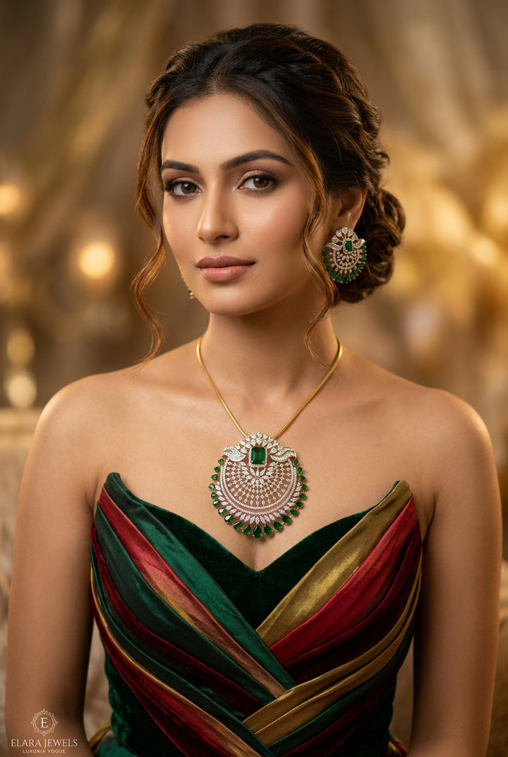 Rushika emerald-green and white American Diamond pendant set with earrings