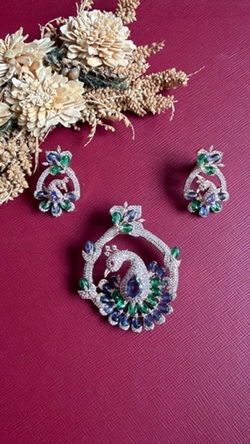 Shruti peacock pendant set in silver-toned finish with AAA CZ and coloured stones
