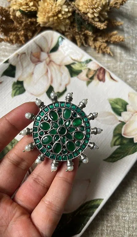 Dual Tone Sliver Replica Jumbo Ring- emerald