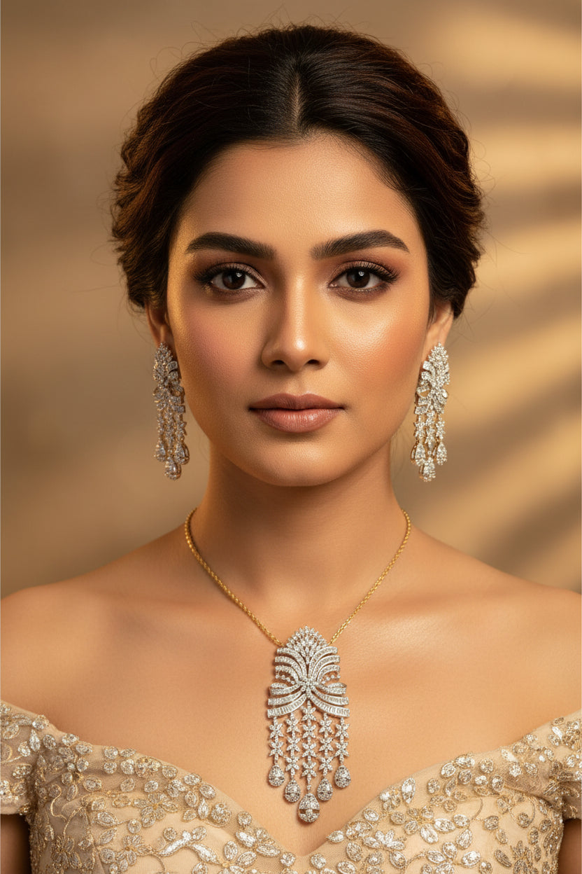 White American Diamond pendant set in Ganga Jamuna dual polish