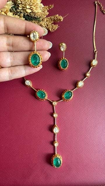 Abeer emerald-green and white Kundan Y-necklace set