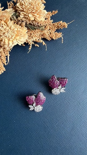Hannah floral AD stud earring with ruby-red centre stone and butterfly back