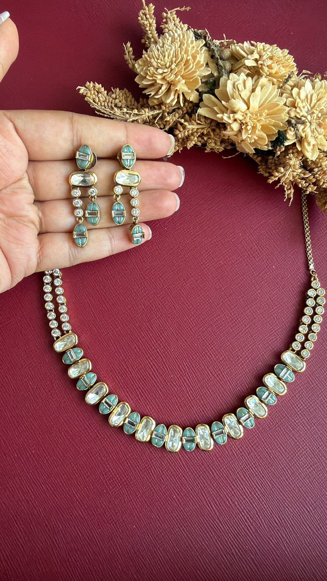 Siya Kundan Necklace Set - Sea Green