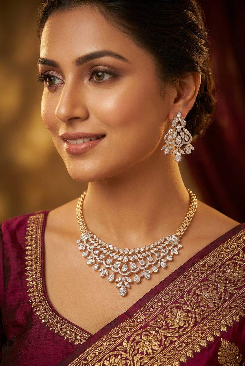 Khristy American Diamond necklace set with matching chandelier earrings