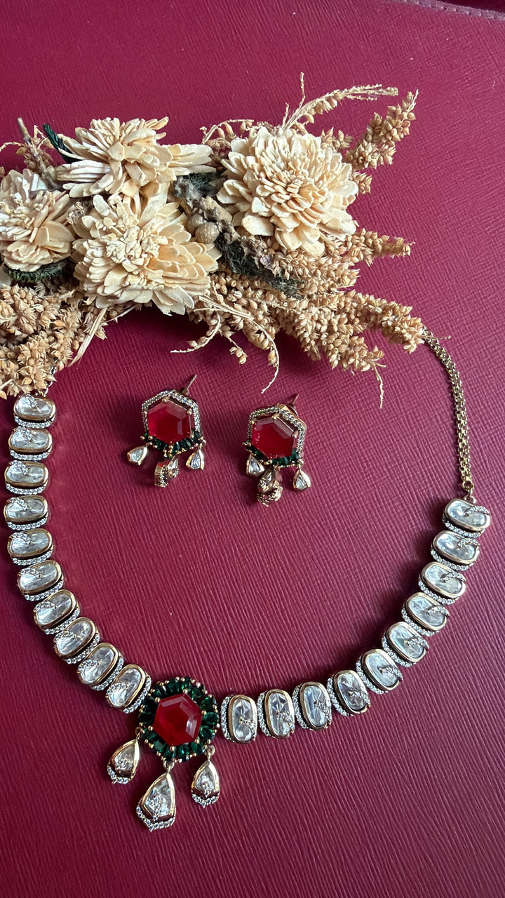 Hansika Victorian Kundan necklace set with matching hexagon drop earrings, flat lay