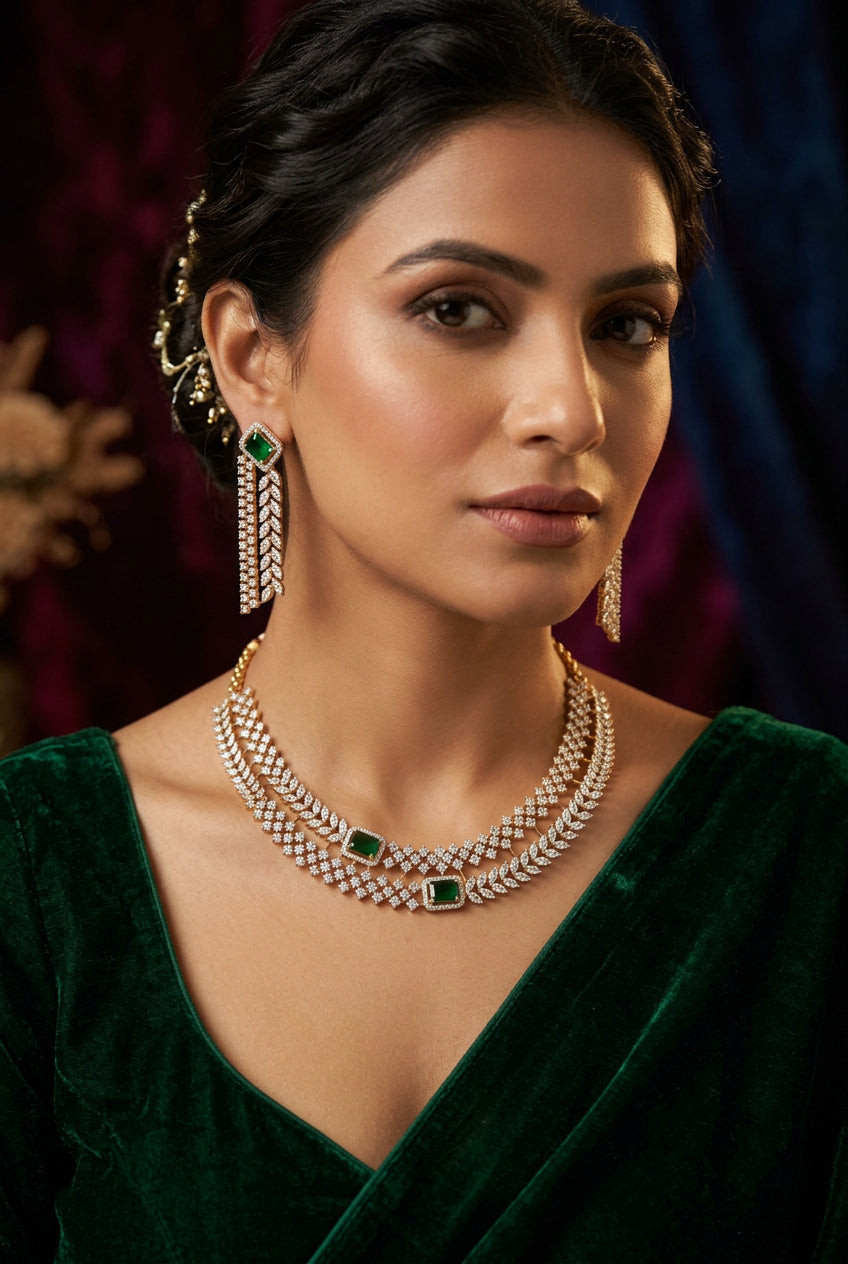 Vedika emerald-green and white American Diamond layered necklace set