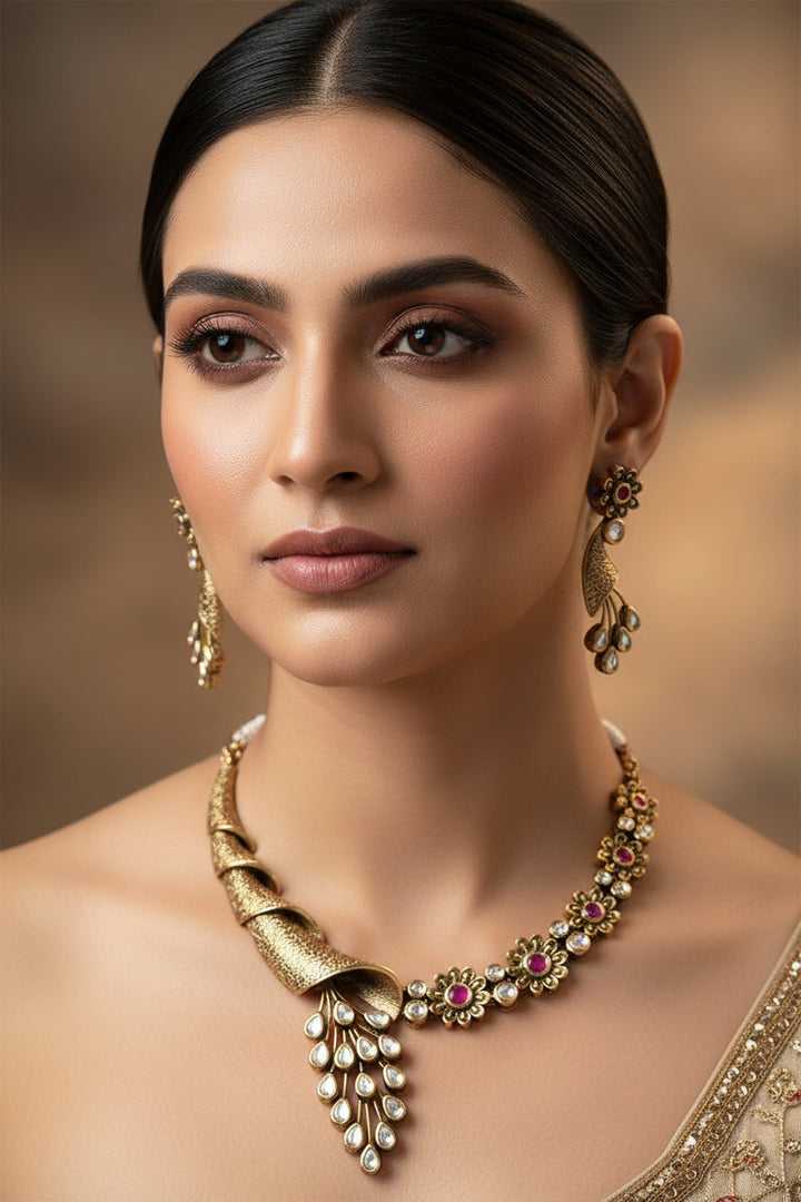Antique Gold AC Kundan Floral Necklace Set- Rubi