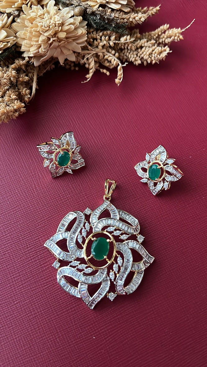 Gold-tone green American Diamond pendant set from Hema Collections