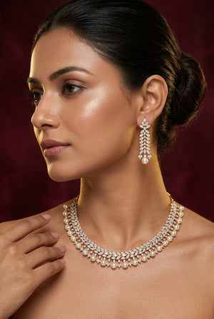 Irish American Diamond pearl collar necklace set with leaf-drop earrings