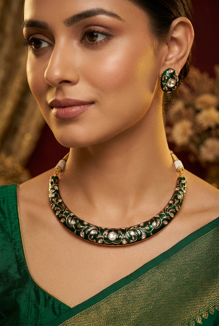Anushree emerald-green meenakari hasli set with matching studs