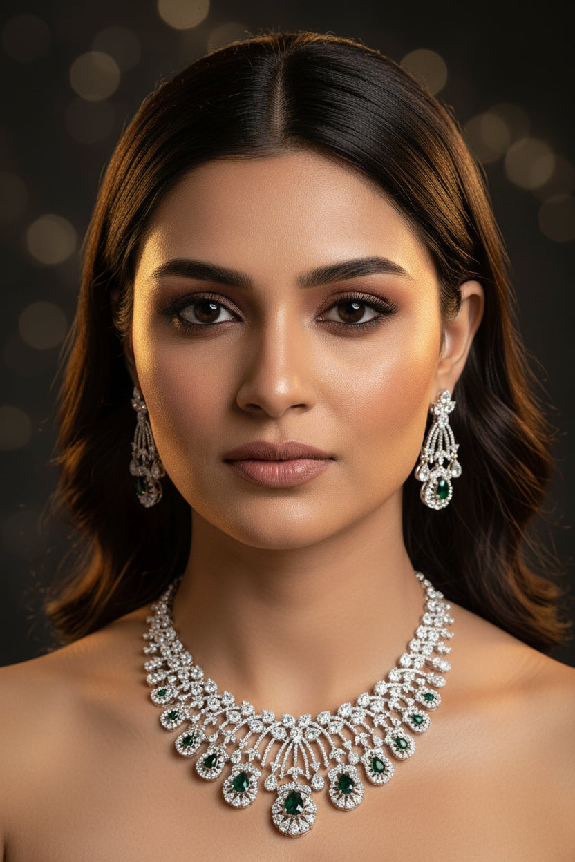 Gurnaz Diamond Necklace Set - Green