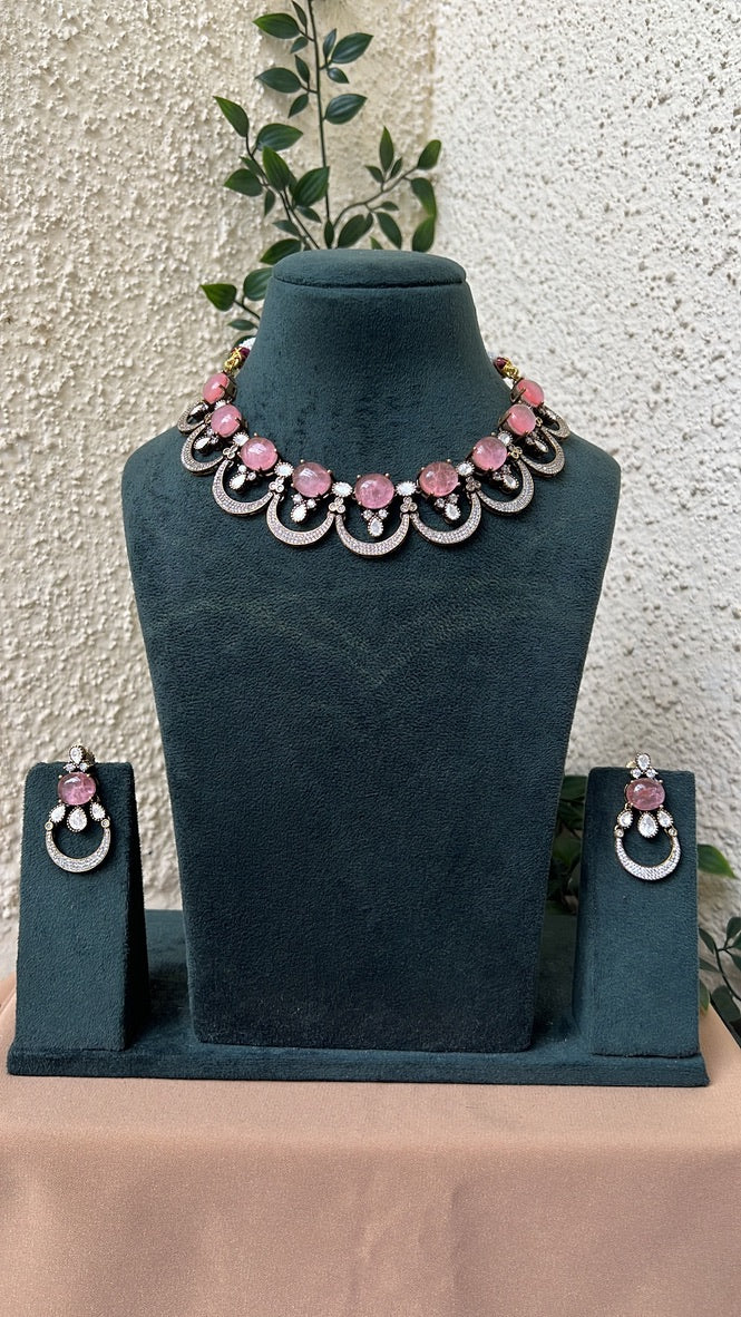 Nina Doublet Stone Necklace Set -Baby Pink