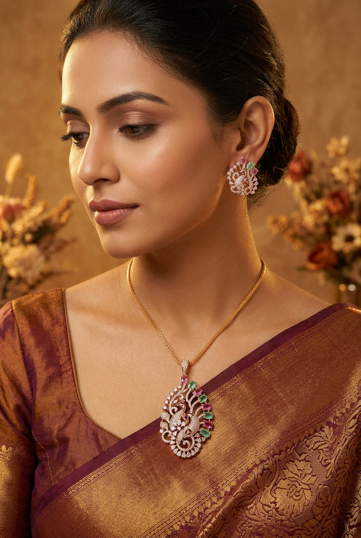 Emaan rose gold peacock pendant set with pink and mint stones