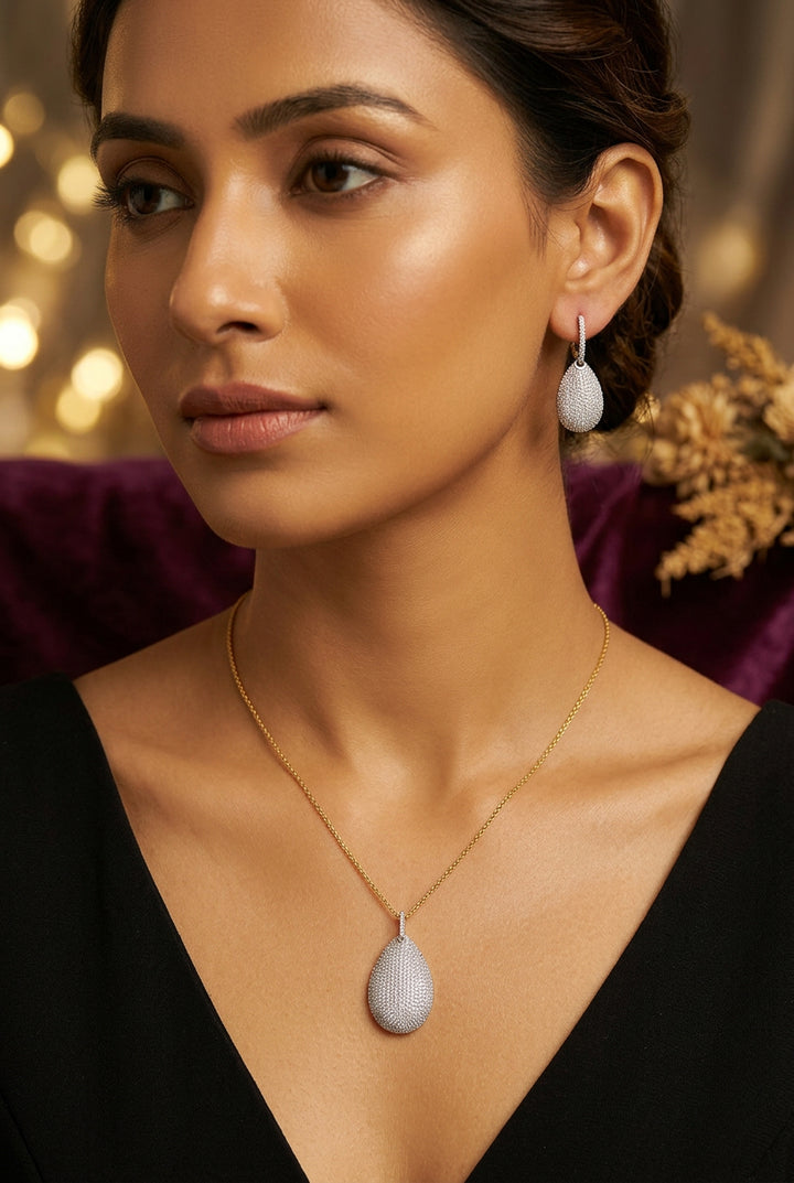 Nina silver-toned American Diamond pavé teardrop pendant set