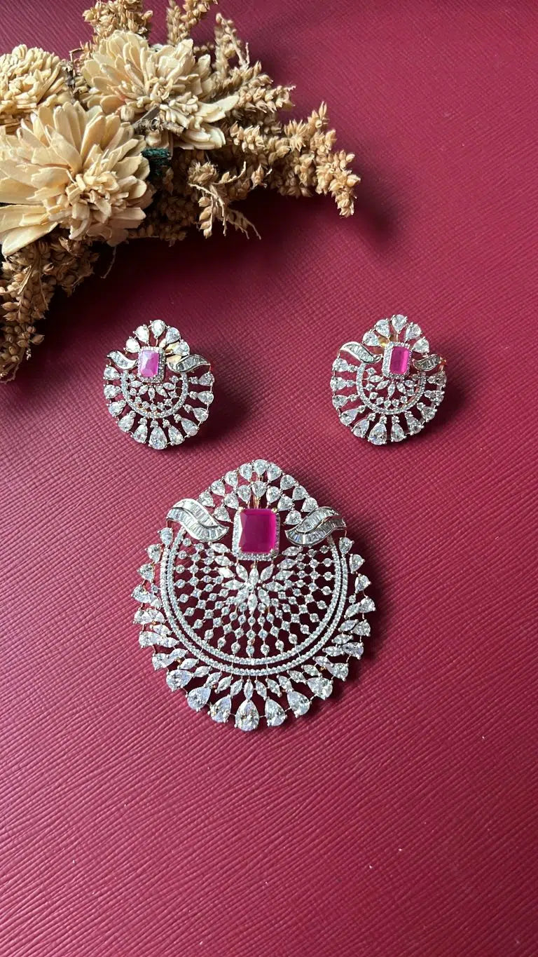 Gold-tone ruby red American Diamond pendant set from Hema Collections