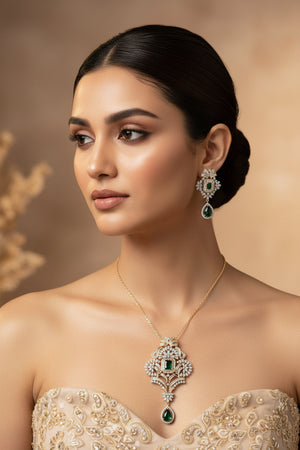 Emerald green American Diamond pendant set with gold-tone finish