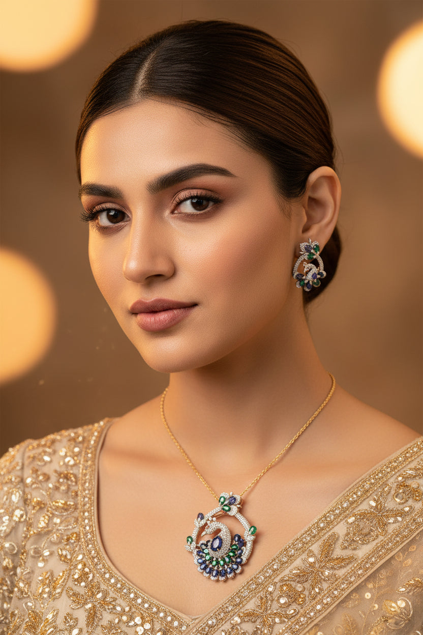 Silver-toned American diamond peacock pendant set with blue and green stones and matching earrings