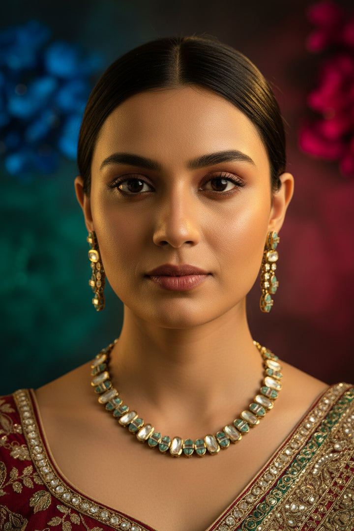 Siya Kundan Necklace Set - Sea Green