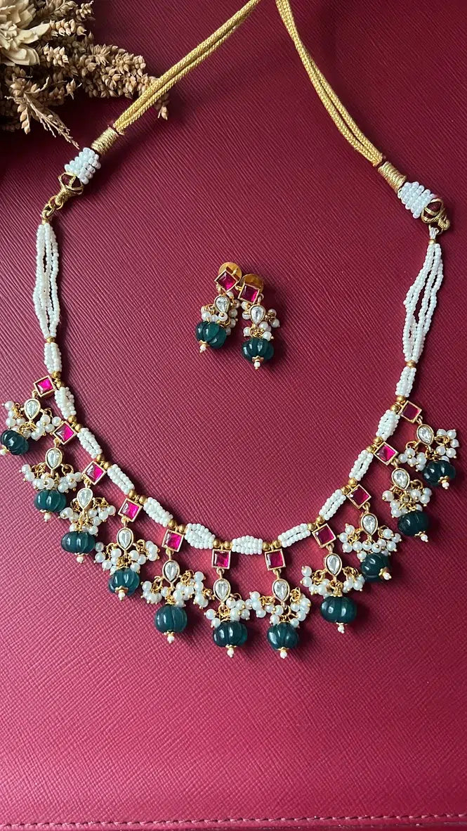 Ruby &amp; Emerald Beaded Kundan Necklace Set