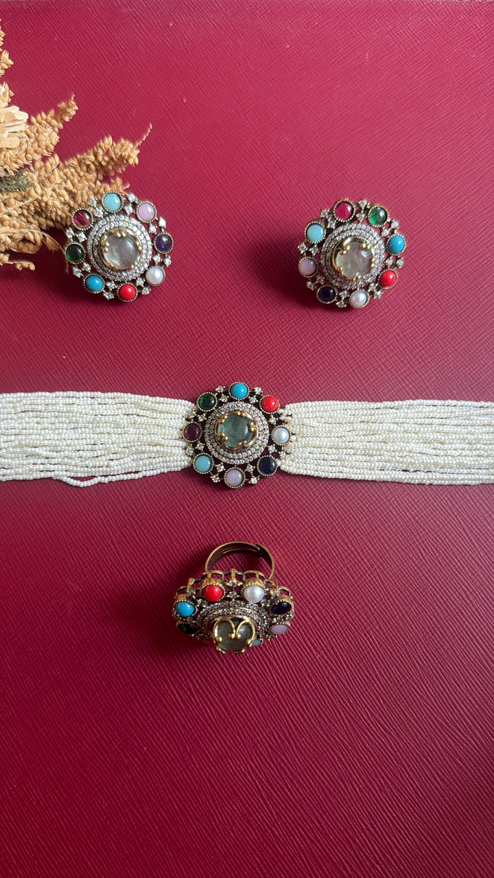 Aditi adjustable Victorian cocktail ring with mint-green stone and multicolour stones