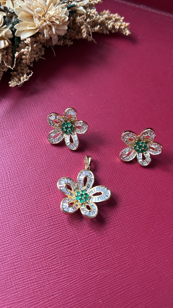 Pushpa Diamond Pendant Set - Green