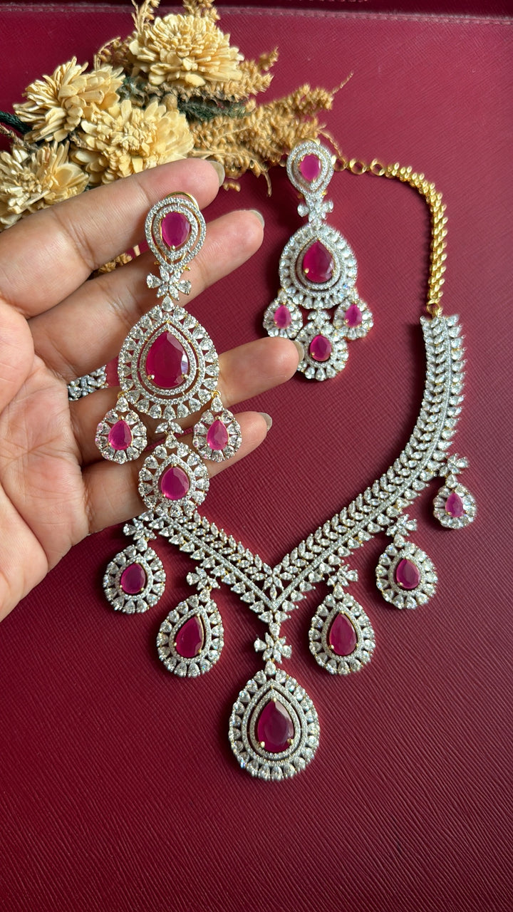 Supriya ruby-pink American Diamond bridal necklace set with matching earrings
