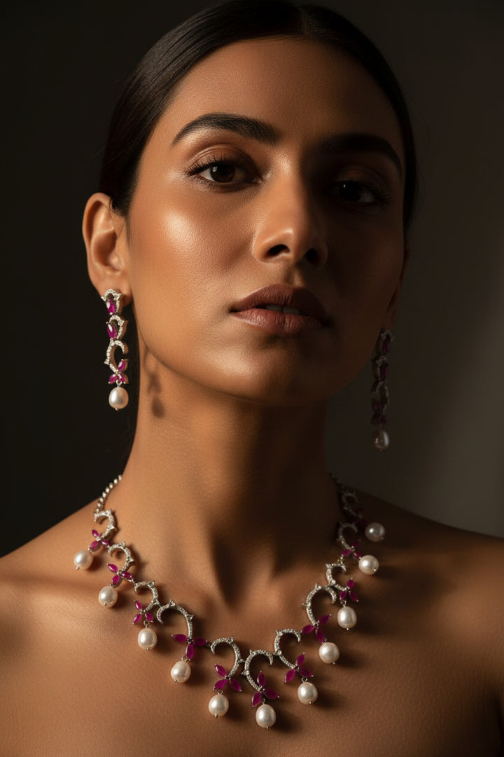 Gauri Diamond Necklace Set - Ruby