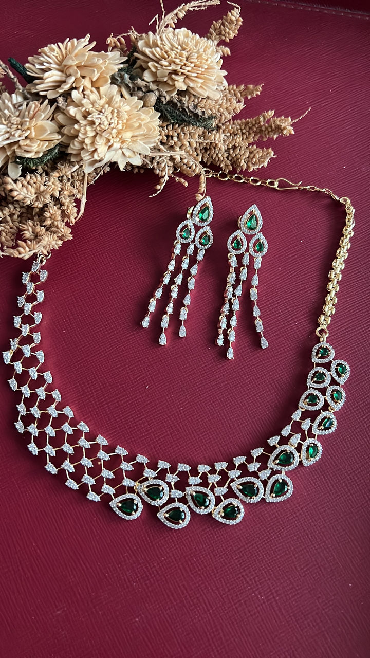 Janki Diamond Necklace Set - Green