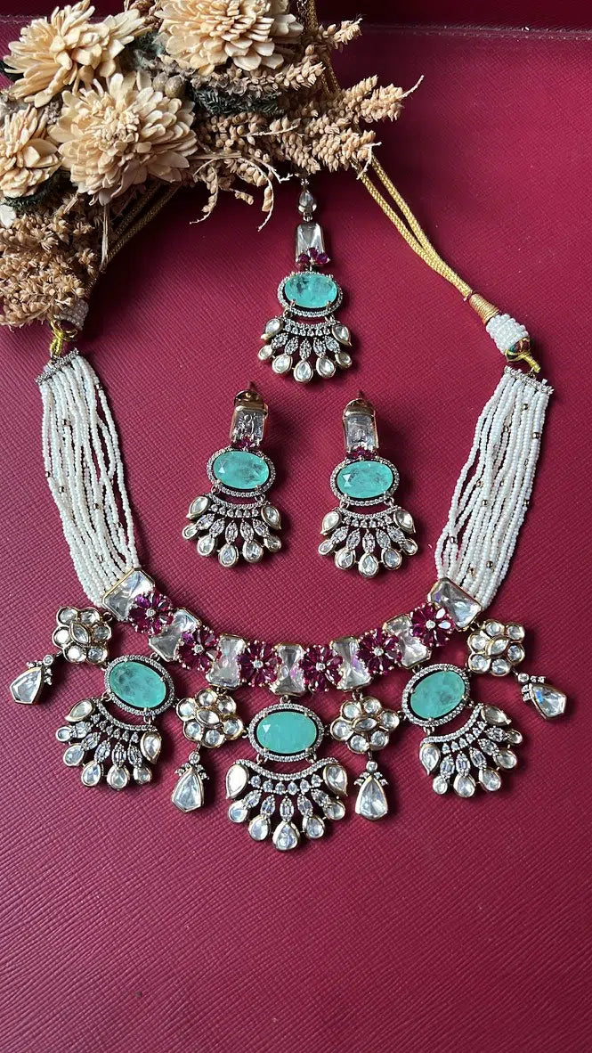 Aqua Doublet Stone Necklace Set