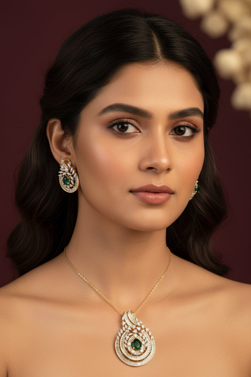 Ria Diamond Pendant Set - Green