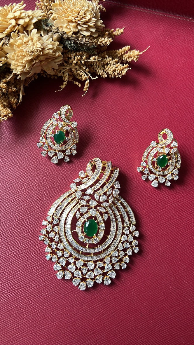Ishaana Big Diamond Pendant Set - Green